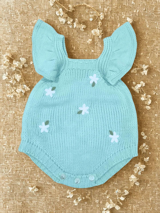 Mint Green Knitted Baby Romper with Ruffle Sleeves & Floral Embroidery - Baba Regalo Boutique