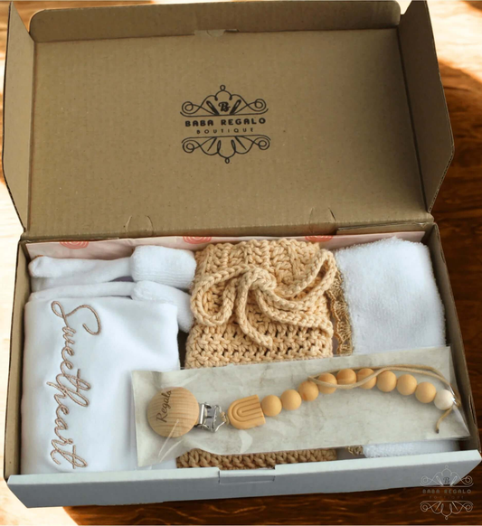 Gift Box | Diaper Cover, Socks, Burp Cloth, Baby Grow & Dummy Clip - Baba Regalo Boutique