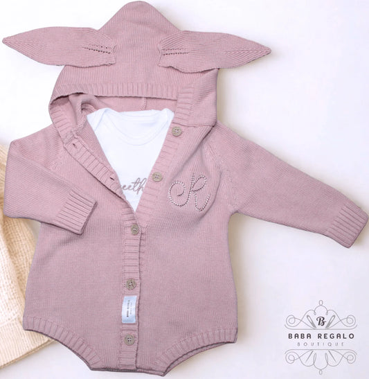 Pink Knitted Baby Romper with Bunny Ear Hoodie – Cozy & Cute Outfit - Baba Regalo Boutique