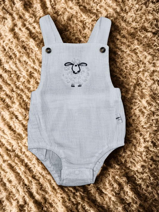 Organic Muslin Baby Romper with Sheep Embroidery – Soft & Breathable Infant Overalls - Baba Regalo Boutique